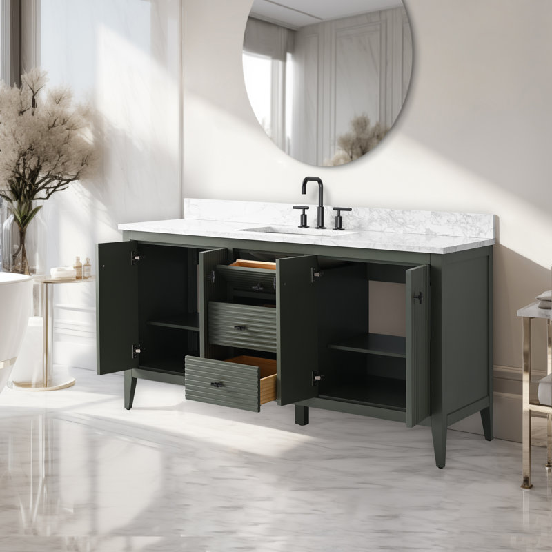 Laval 60" Single Sink Freestanding Bathroom Vanity with Engineered Marble Top, Linear Vintage Green, Matte Black