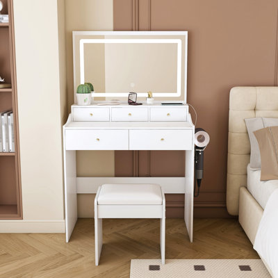 New Large Mirror Vanity Desk For Bed Room, Modern Makeup Vanity Set With Power Outlet And Hair Dryer Holder, 5 Drawers , 3 Lighting Color Adjustable Dressing Table For Bedroom