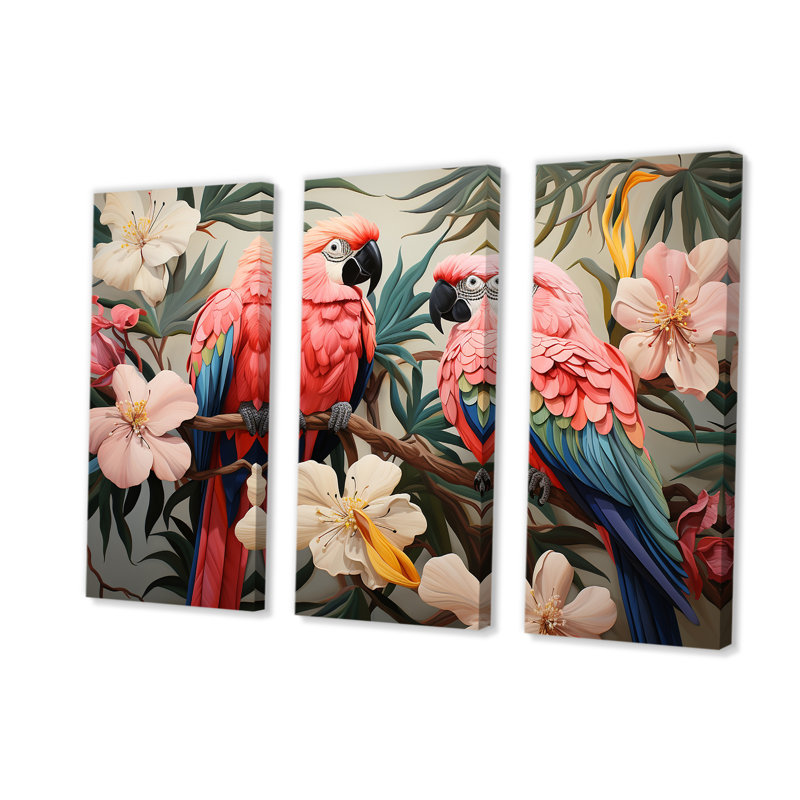 Fleurs tropicales roses et bleues - art mural perroquet III, Toile tendue, H 28 po x l 36 po