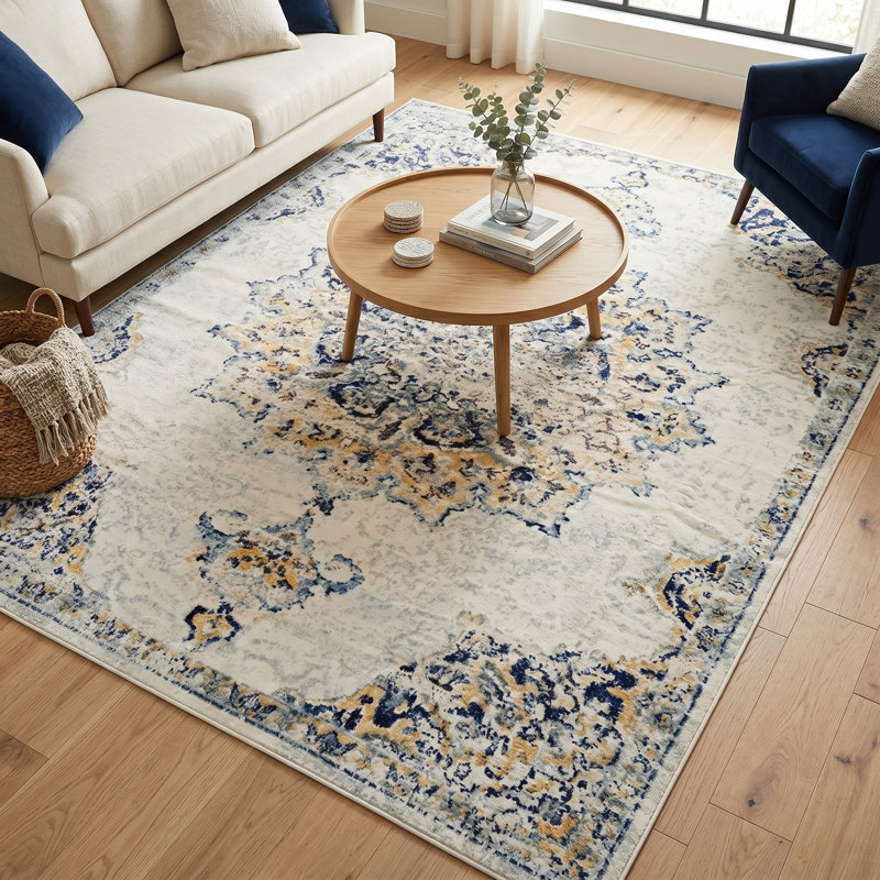 Floranne Oriental Non-Slip Machine Washable Vintage Area Rug in Blue/Yellow/Cream for Living Room, Bedroom, Hallway Runner Indoor Rugs (5'×8')