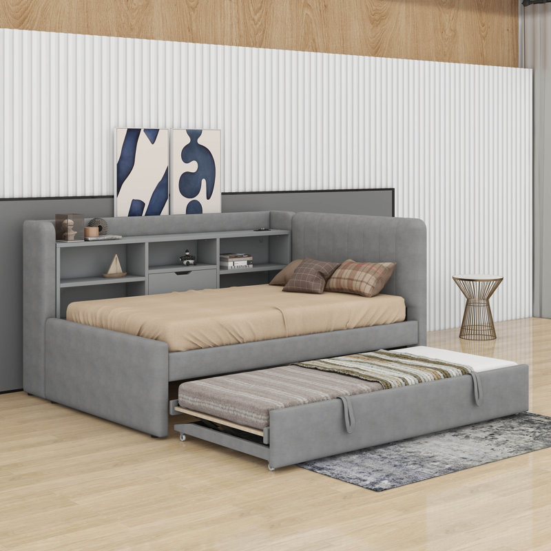 Twin Size Upholstered Daybed With Trundle, Storage Shelves, USB & Outlet, Gray