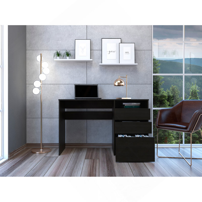 Bureau d'ordinateur à trois tiroirs, une tablette - noir