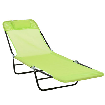 Chaise longue de plage pliable et portable. Dossier inclinable. Assise en maille respirante. 5 positions réglables. Parfait pour relaxer en plein air. Structure robuste en acier. Capacité de charge : 120 kg. Dimensions : 182 cm (L) x 56 cm (l) x 28 cm (H).