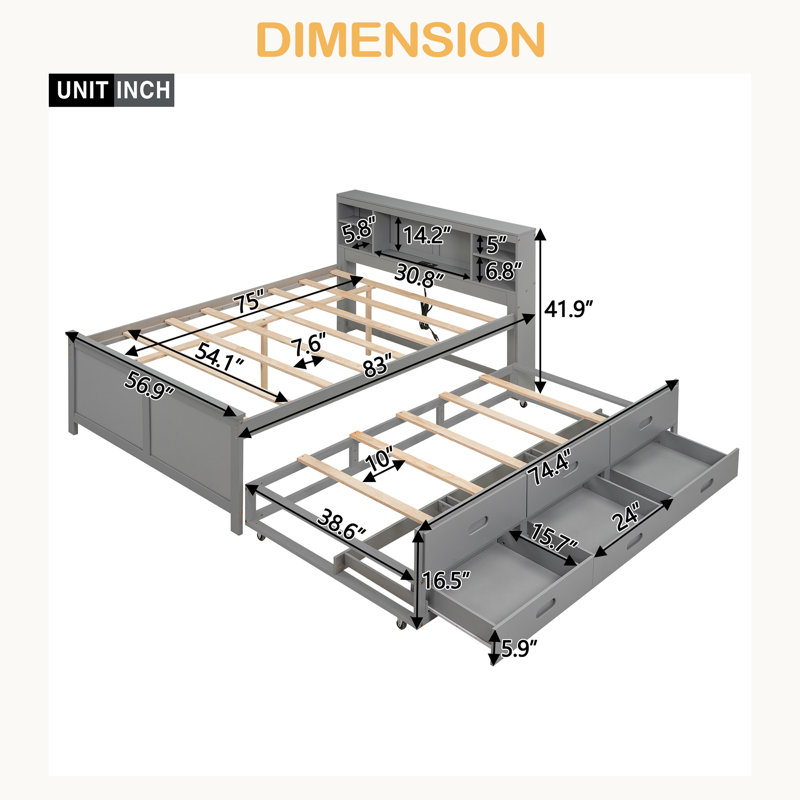 Lit plateforme avec tête de lit, USB, lit gigogne simple et 3 tiroirs, Gris, Lit double