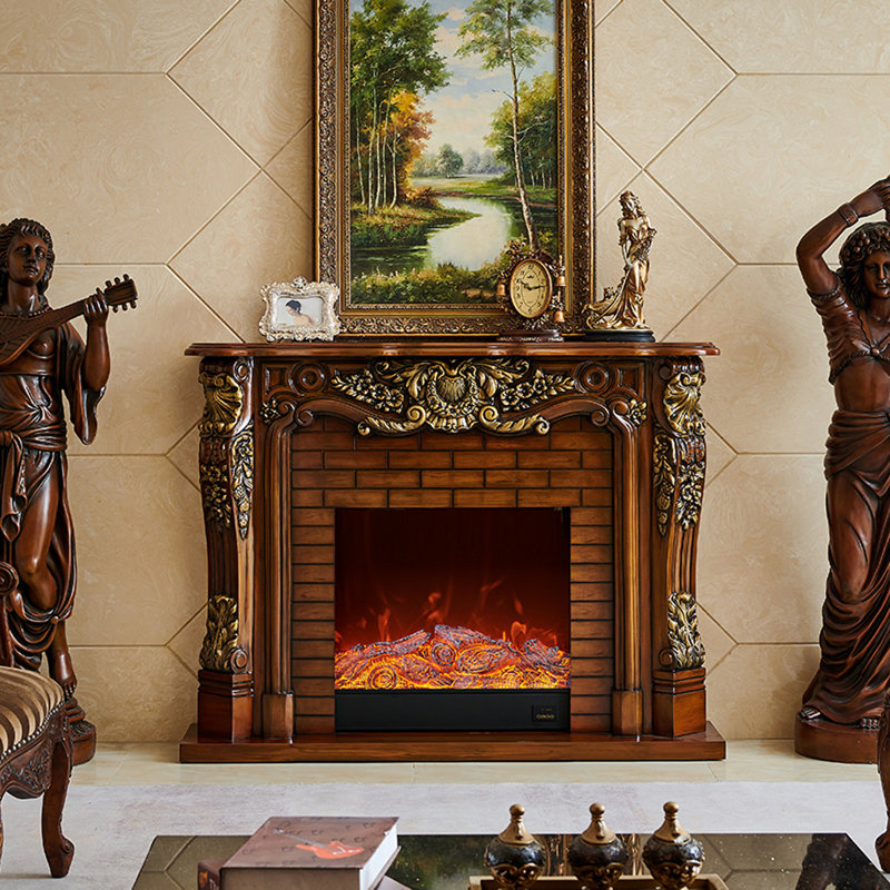 European-style solid wood retro simulated flame decorative fireplace, Brown