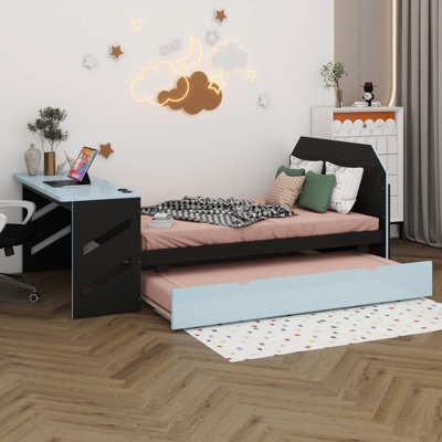 Lit plateforme double avec bureau et lit gigogne simple, structure de lit de jour en bois avec port USB