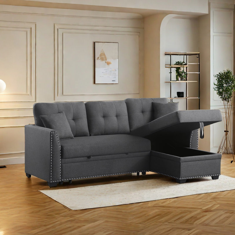 82.5'' Upholstered Sleeper Sofa With Storage Chaise, Klaryssa Dark Gray Linen
