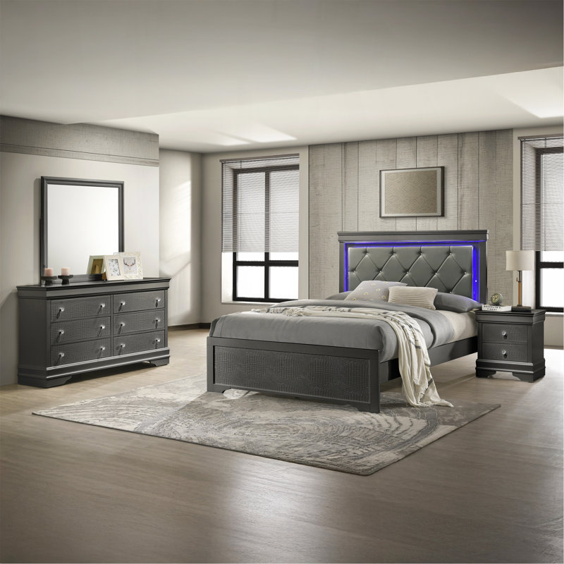 Ensemble de chambre avec très grand lit tapissier 4 pièces avec tête de lit à DEL en bois gris Blaze, Gris, Très grand lit