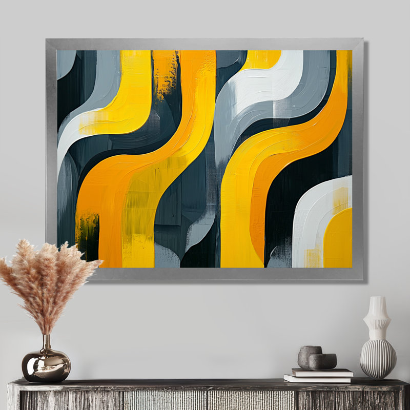 Art mural ombré jaune et gris Urban Jazz Note III - Abstract Still Lifes, Argent argent, H 30 po x l 40 po, Cadre simple