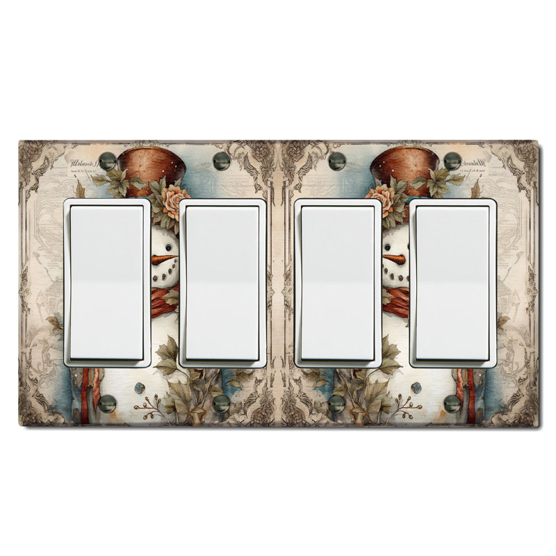 Christmas Festive Snow Man Leaves Beige 4 - Gang Toggle Light Switch Standard Wall Plate