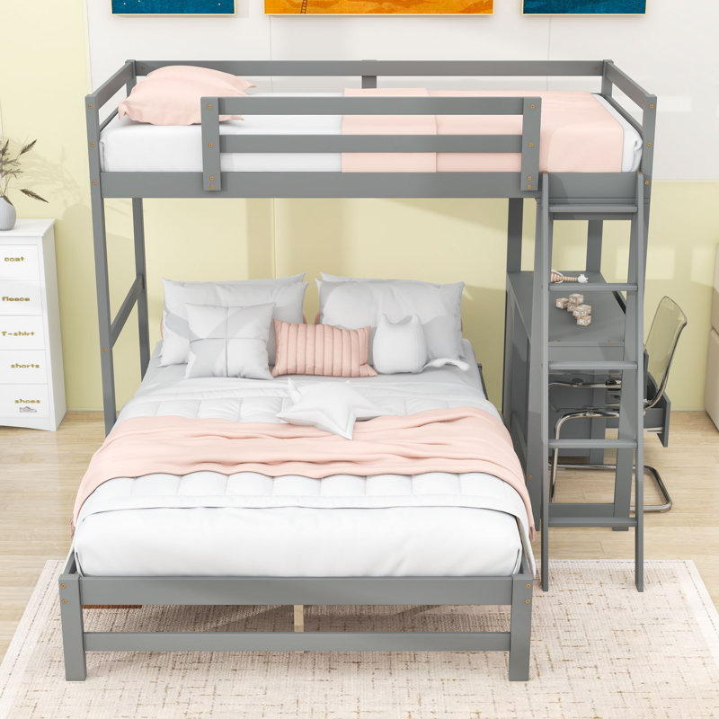Twin Over Full Bunk Bed With Desk And Drawers,Ladder, Grey