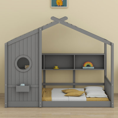 Lit sur pied pour enfant, lit Montessori pour enfants avec tablette de rangement, lit de jeu avec toit