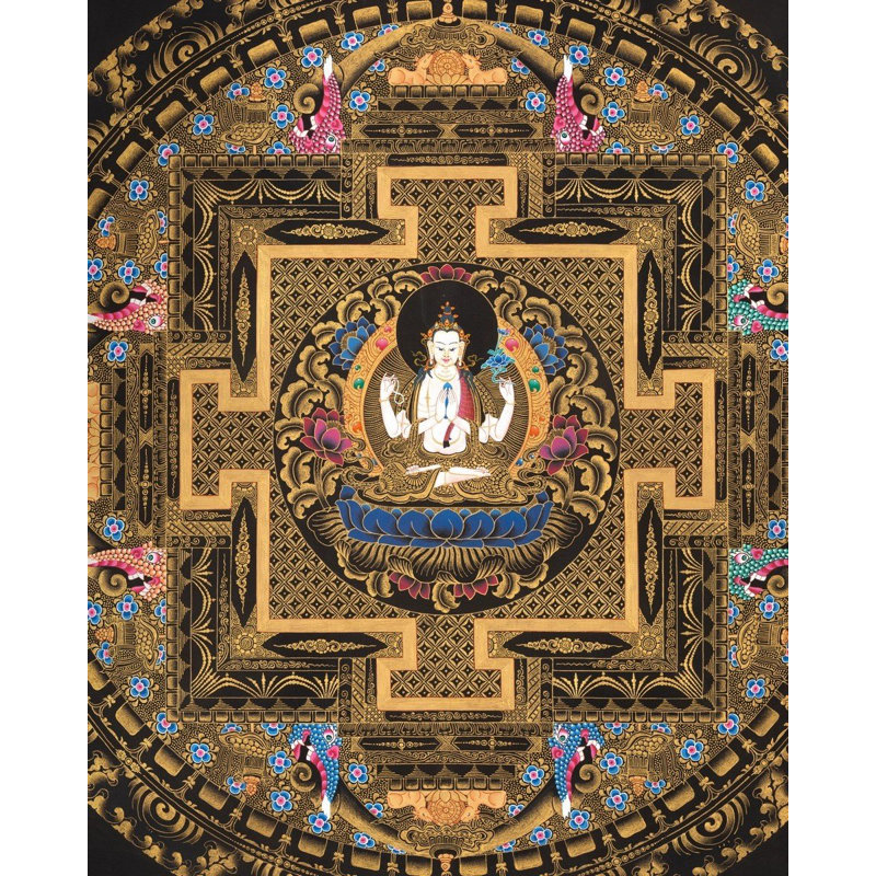 Chengrezig Mandala sur fond noir (Thangka sans brocart)