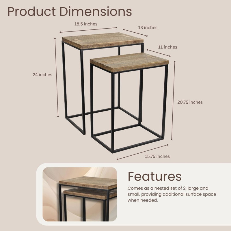 Elora Set of 2 Nesting Side Tables, Wood and Metal Modern Rustic Accent Tables