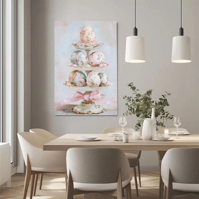1Pc Easter Framed Canvas Poster Print Easter eggs, floral pattern ceramic tray, vintage soft and beautiful decor style Wall Art - Ready To Hang - Modern Christian Decor, Perfect for Room Decor Living Room Bedroom Office Religious Home Decor, Bible Art
