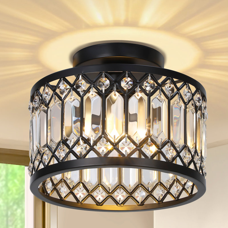 Modern Black Metal Flush Mount Ceiling Light with Crystal Shade - 3 Adjustable Color Temperatures (3000K-6500K)
