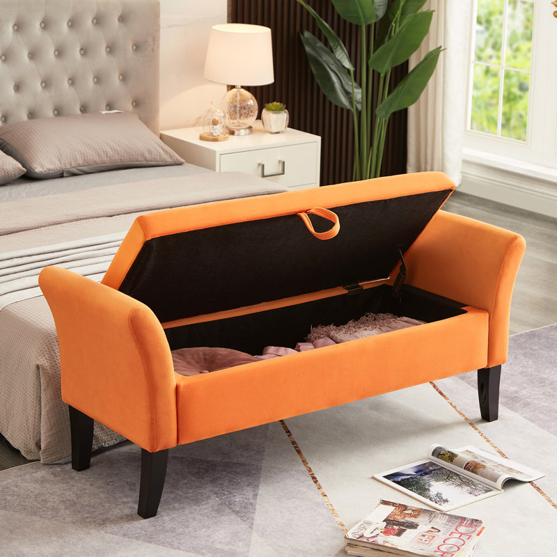 Bedside Orange Velvet Storage Bench - 51.5" Long & Stylish Bedroom Pillow In With Keep Pillows Organized, Orange