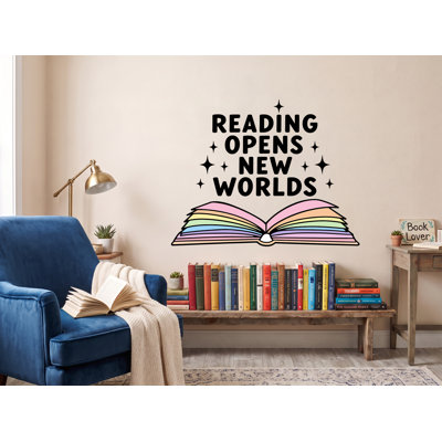 Inspirational Reading Opens New Worlds Quote with Colorful Open Book Vinyl Wall Decal for Home Library, Reading Nook, Study, or Bedroom Decor 469DRE