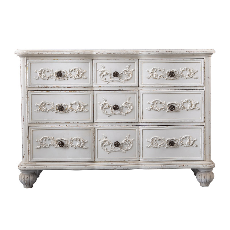 Rustic 47.2'' Distressed Wood Console Table With Floral Carved Drawers, Ivory White