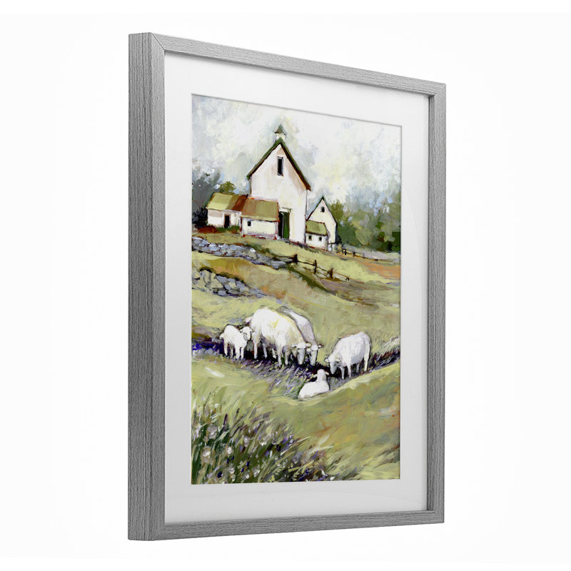 «Barn with Grazing Sheep», reproduction sous verre encadrée, conception de Susan Winget, Cadre de ferme gris