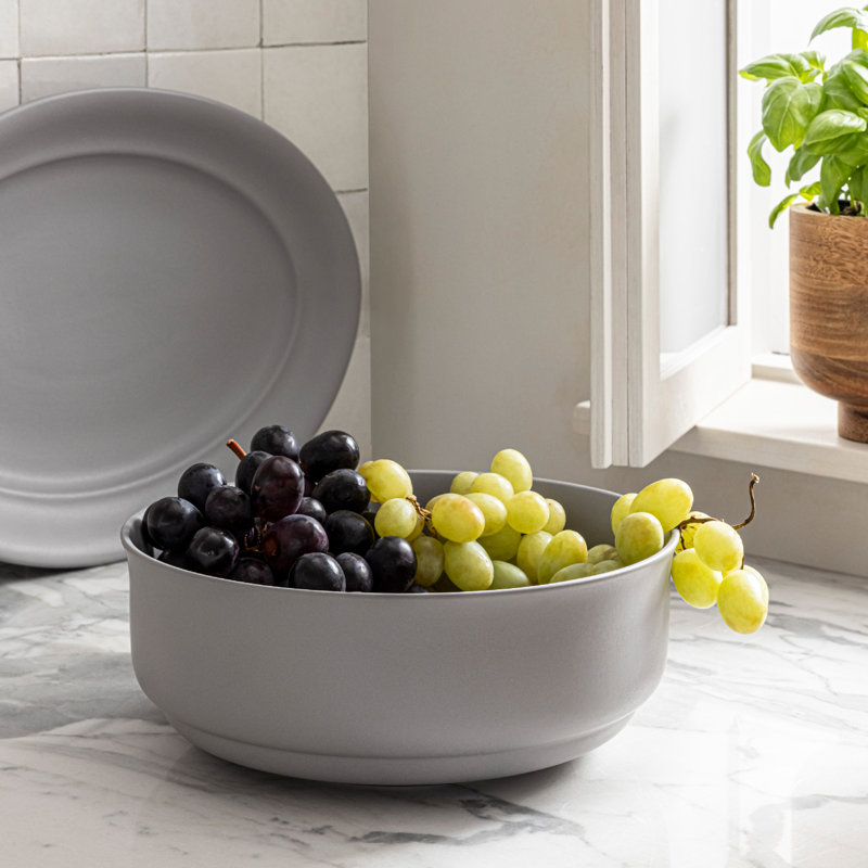 over&back Rimmed Semi Hand-Finished Stoneware 10" Serving Bowl, Charcoal Gray