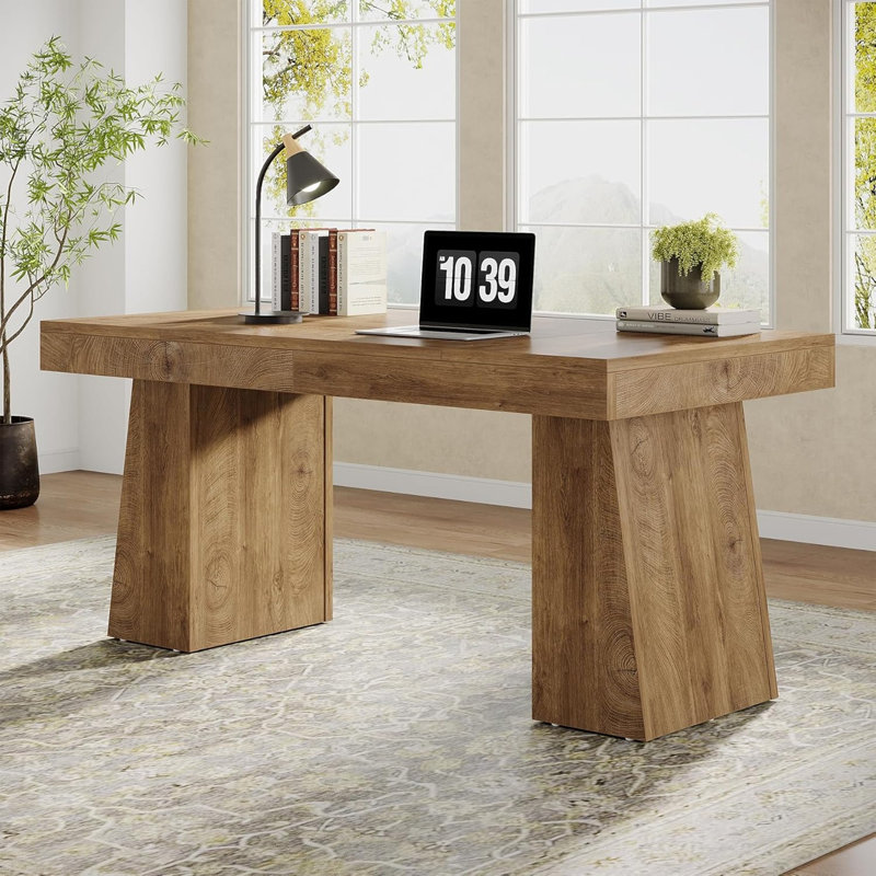Bureau de direction moderne 55,12 po en bois brun clair avec double caisson pour bureau