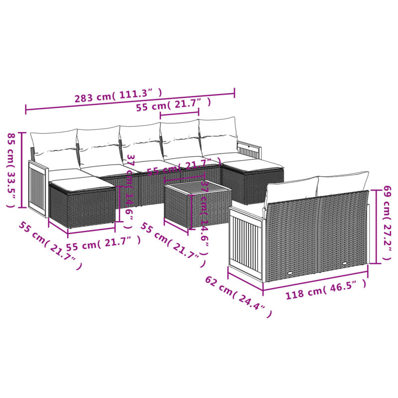 Ensemble de canapé de jardin avec coussins Vidaxl, Coussin gris foncé / structure grise