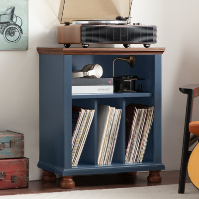 Support pour platine vinyle 24 pouces de style années 50 avec rangement pour disques, tablette d'exposition et système de gestion des câbles.