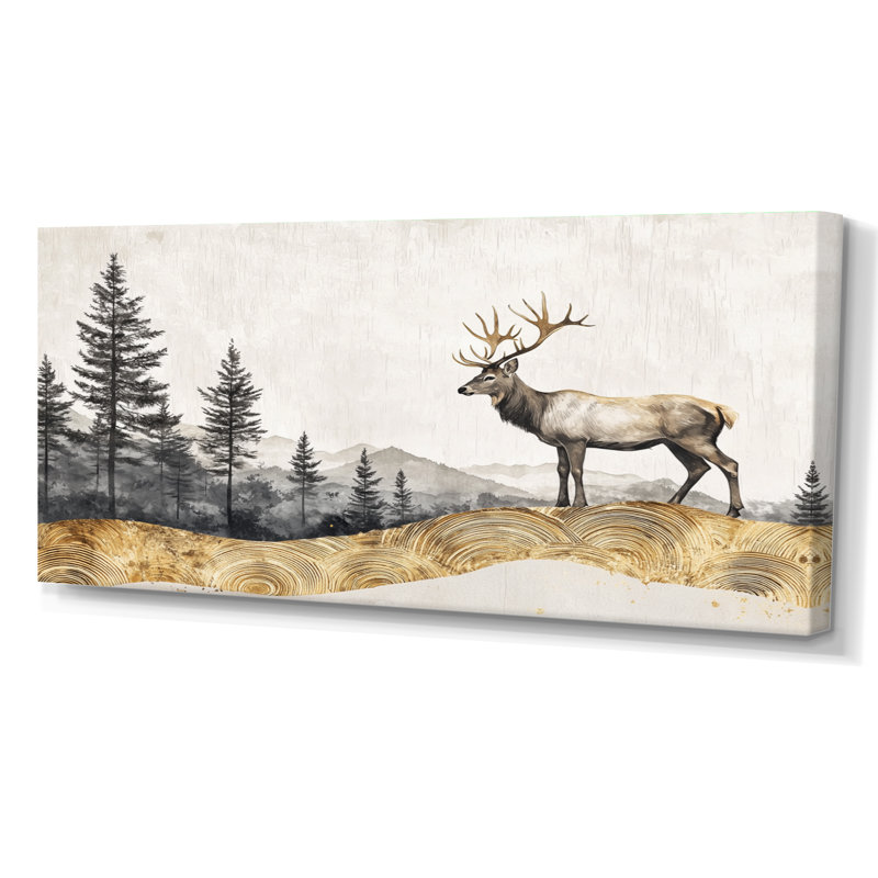 «Golden Deer Landscape Grace In The Forest IV - Deer», art mural, Toile tendue sur cadre, H 28 po x l 60 po