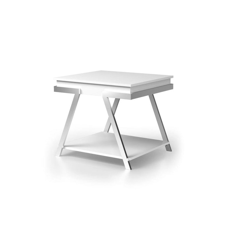 Modern White End Table With Open Storage And High Gloss Finish For Living Room Rectangular Steel Construction Home