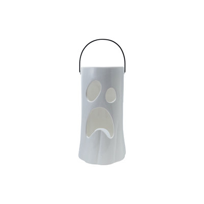 Large Ceramic Lantern With Cut-Out Ghost Face And Metal Handle
