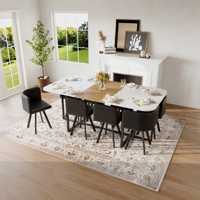 9-Piece Square Dining Table Set, Fixed Faux Marble & Wood Grain Triamine Tabletop With 8 Faux Leather Chairs, Modern Kitchen Table Set For 8 People, Ideal For Family Gatherings