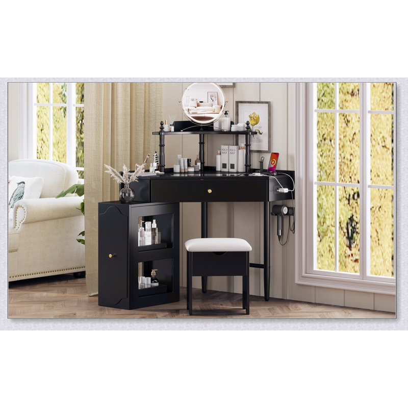 Corner Vanity Desk Set With Storage, Cushioned Stool, And Charging Station, Triangle Makeup Desk With Removable Pull-Out Side Cabinet