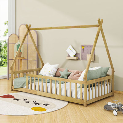 Twin Wooden Floor Bed With Teepee Design And Slats