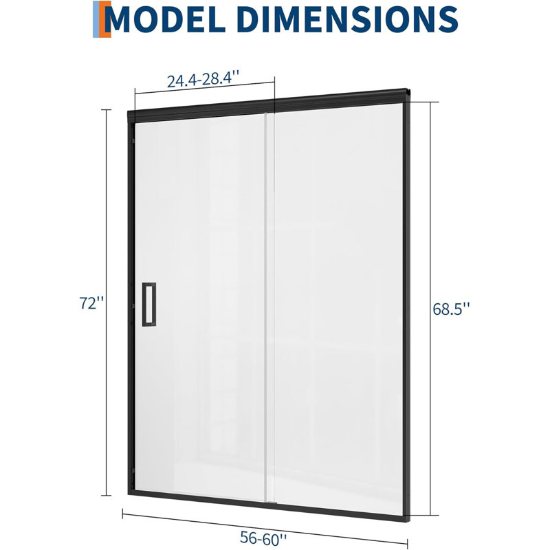 Sliding Glass Shower Door 44–48 Inch W x 76 Inch H, Matte Black Round Stainless Steel Rail, 8mm Tempered Glass Shower Glass Door with One Fixed & One Sliding Panel