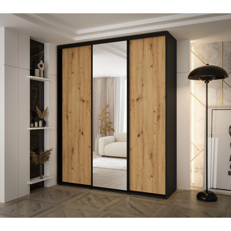 3 Door Manufactured Wood Wardrobe, Brown/Black, 235.2cm H x 190cm W x 45cm D