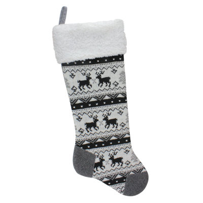 23.25" Black Grey And White Rustic Lodge Knit Christmas Stocking With Sherpa Cuff