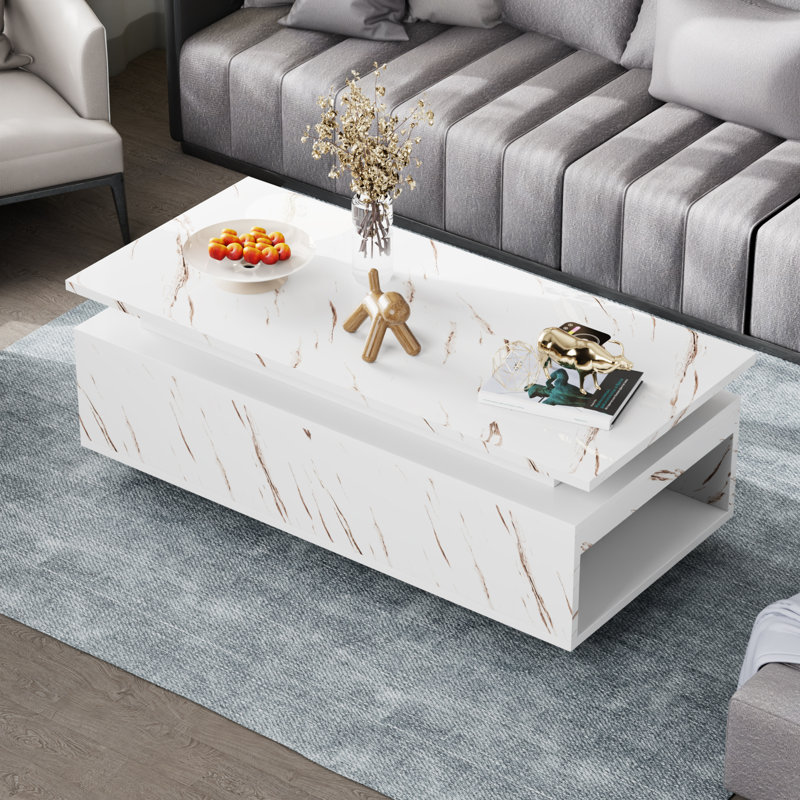 47'' Modern Smart Marble Coffee Table With Charging Station, White