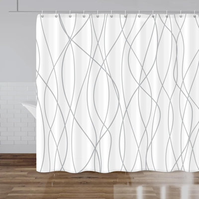 Premium Striped Fabric Shower Curtain With 14 Hooks - Waterproof Polyester Bathroom Decor, Hotel Style Design, Machine Washable With Weighted Hem For Stability