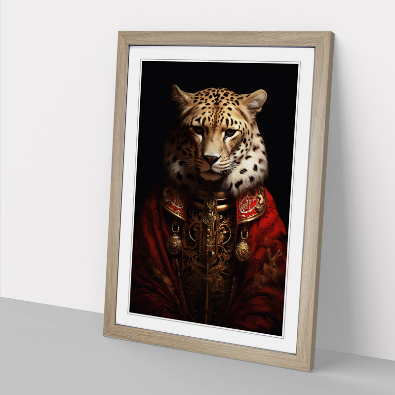 Cheetah Baroque - Single Picture Frame Print on Wood, 34cm H x 25cm W, Oak Framed