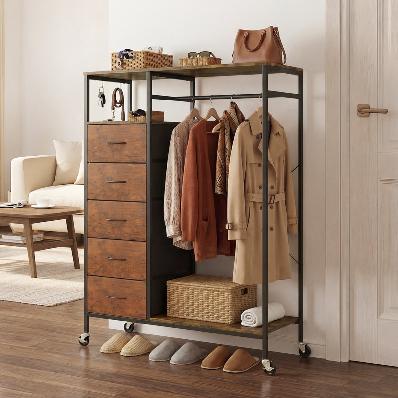 102cm Rolling Portable Wardrobe, Wood Grain