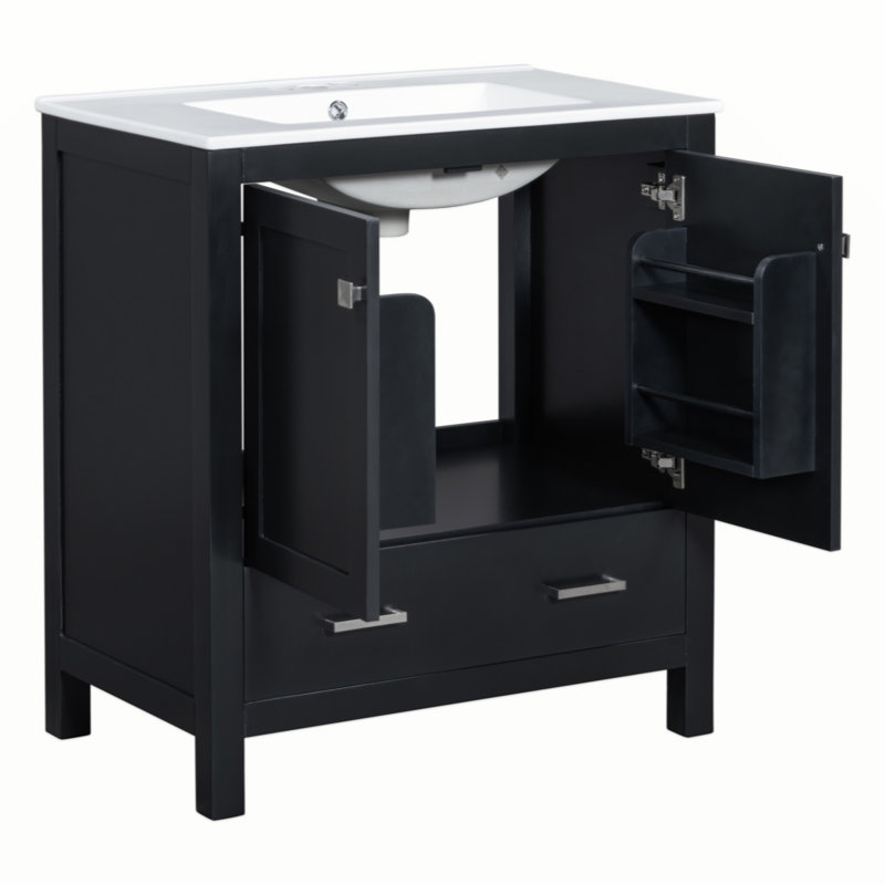 Meuble-lavabo blanc de 30 po avec lavabo simple, meuble-lavabo encastré, armoire de rangement avec 2 portes et un tiroir, fermeture en douceur, rangement multifonctionnel, structure en bois massif