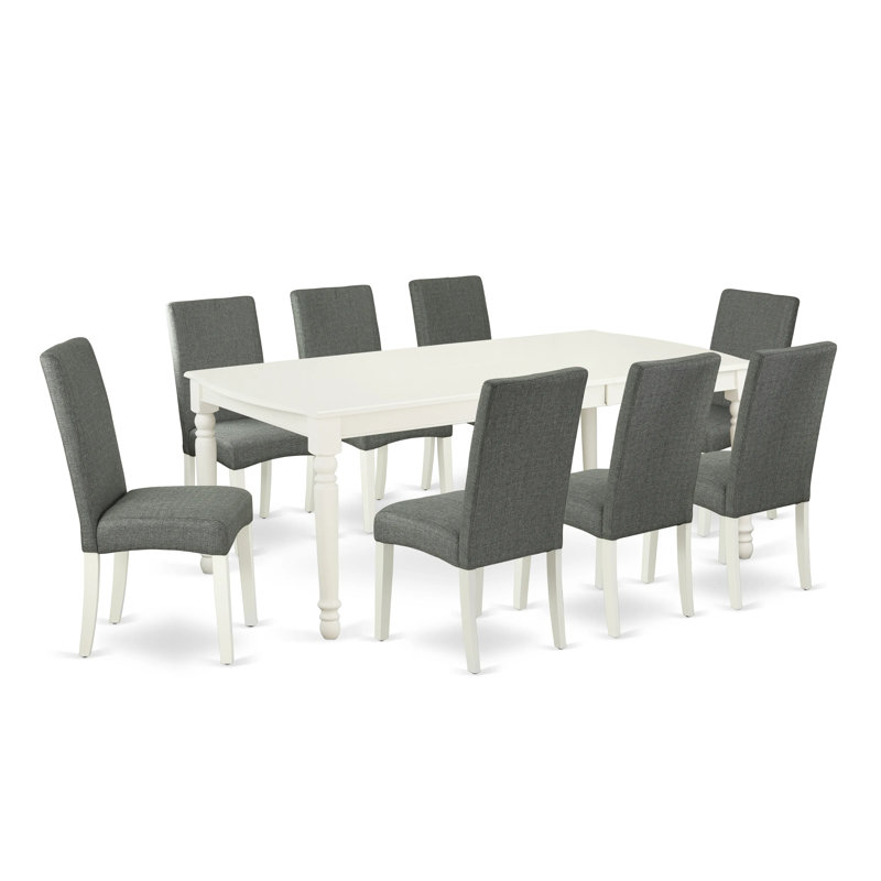 Ensemble de table de salle à manger 9 pièces comprenant une table rectangulaire en bois avec feuille papillon et 8 chaises rembourrées en tissu gris, lin blanc