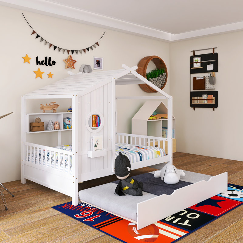 Lit double avec lit gigogne et rangement en bois, Lit double, Blanc