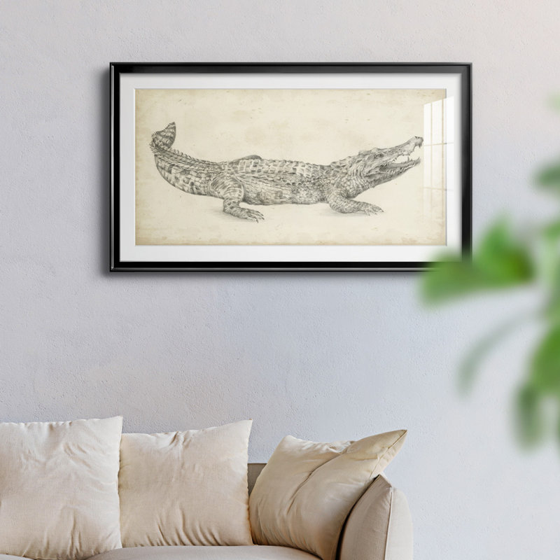 Croquis de crocodile - reproduction encadrée de qualité supérieure - prête à être accrochée, H 22,5 po x l 42,5 po x P 1 po