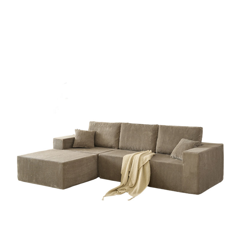 Canapé modulaire en forme de L avec repose-pieds et coussins Boneless Westhampton, Velours côtelé gris