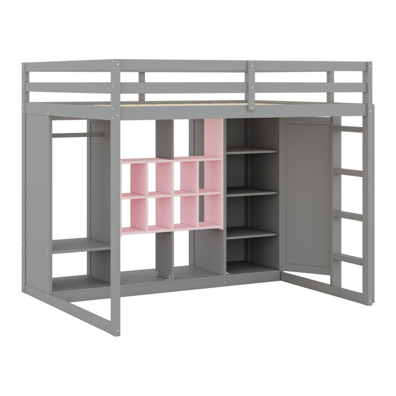 Structure de lit mezzanine moderne en bois massif avec échelle, tablettes et garde-robe, Rose / Gris, Lit double