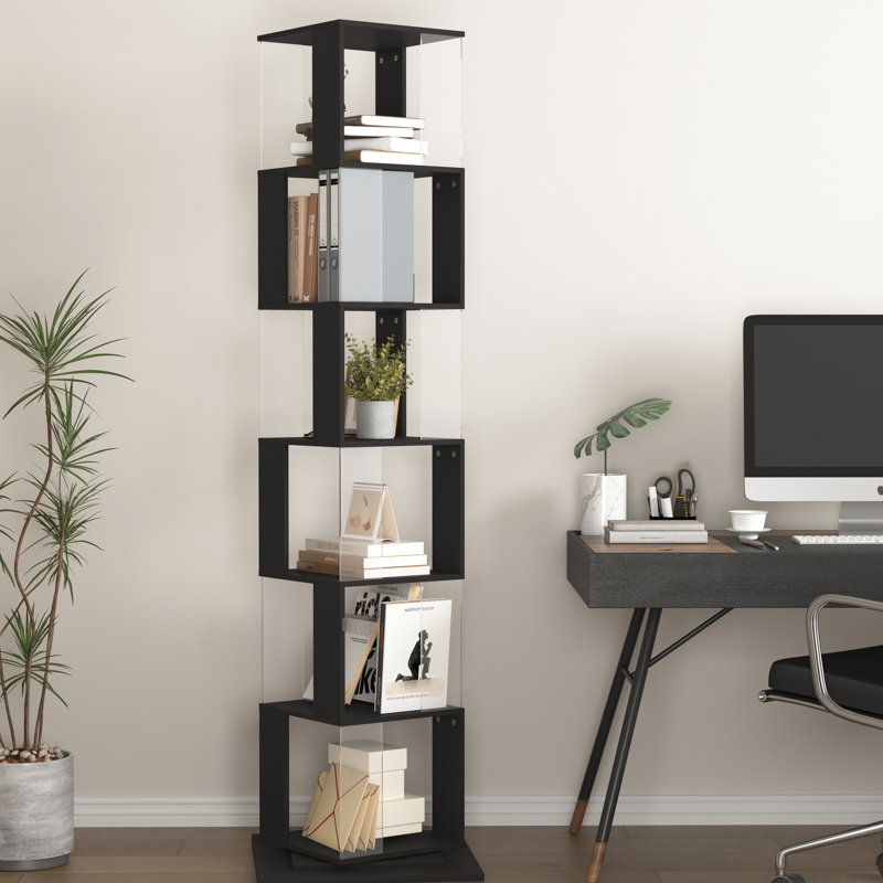 Rotating Book Storage Unit - Clear Acrylic, Wood Grain Veneer, Modern 6 Tier Floor Bookcase With Widened Base Stylish, Space Saving, Holds Many Objects