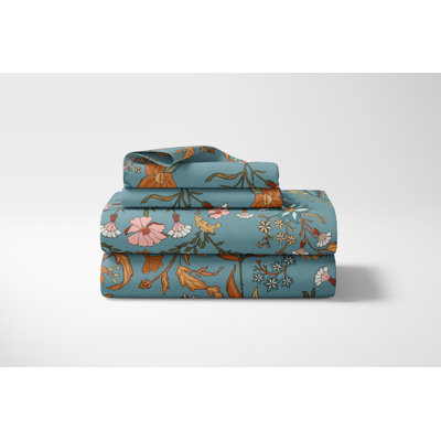 Boho Floral Wildflower Blue and Orange Brushed Microfiber 4pc Queen Sheet Set