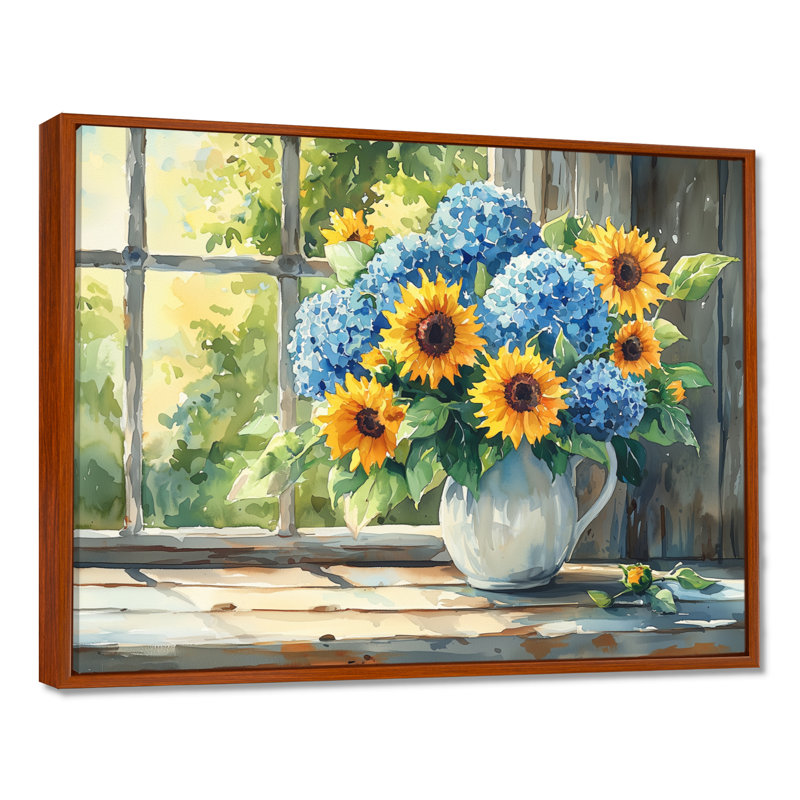 «Domella Hydrangeas And Sunflowers Farmhouse II - Hydrangea», art mural, H 30 po x l 40 po, Impression encadrée flottante